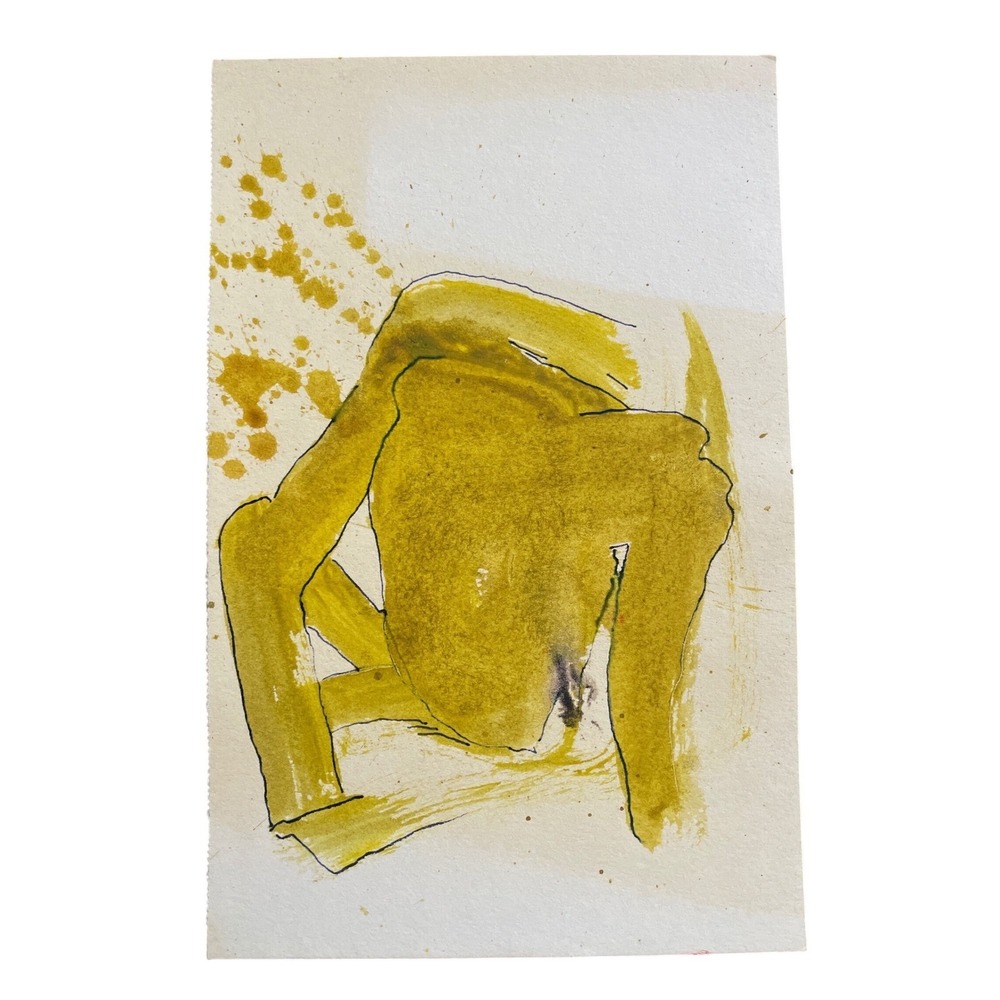 Original Abstract Figurative Ink Wash Drawing Mustard Yellow 5.5x8.5 Modern Art